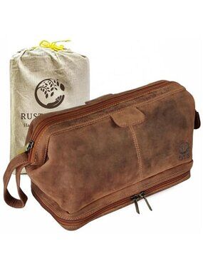 Mens Full Grain Leather Toiletry Bag Travel Dopp Kit Shaving Organizer Wash Bag